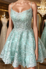 A-Line Spaghetti Straps Backless Mint Green Lace Short Evening Prom Dress, Backless Mint Green Lace Formal Graduation Homecoming Dress