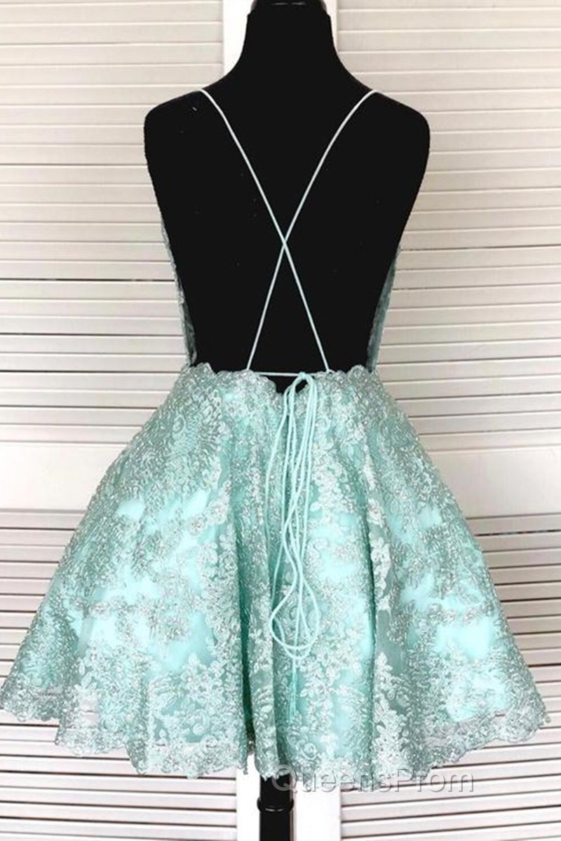 A-Line Spaghetti Straps Backless Mint Green Lace Short Evening Prom Dress, Backless Mint Green Lace Formal Graduation Homecoming Dress Secondary image