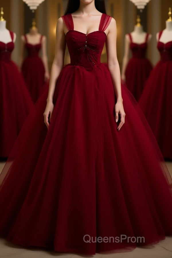 A Line Spaghetti Straps Beaded Burgundy Tulle Long Evening Prom Dress, Long Burgundy Formal Evening Dress Main image