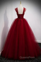 A Line Spaghetti Straps Beaded Burgundy Tulle Long Evening Prom Dress, Long Burgundy Formal Evening Dress