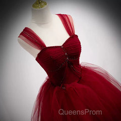 A Line Spaghetti Straps Beaded Burgundy Tulle Long Evening Prom Dress, Long Burgundy Formal Evening Dress