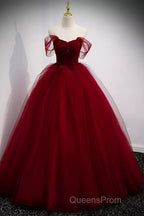 A Line Spaghetti Straps Beaded Burgundy Tulle Long Evening Prom Dress, Long Burgundy Formal Evening Dress