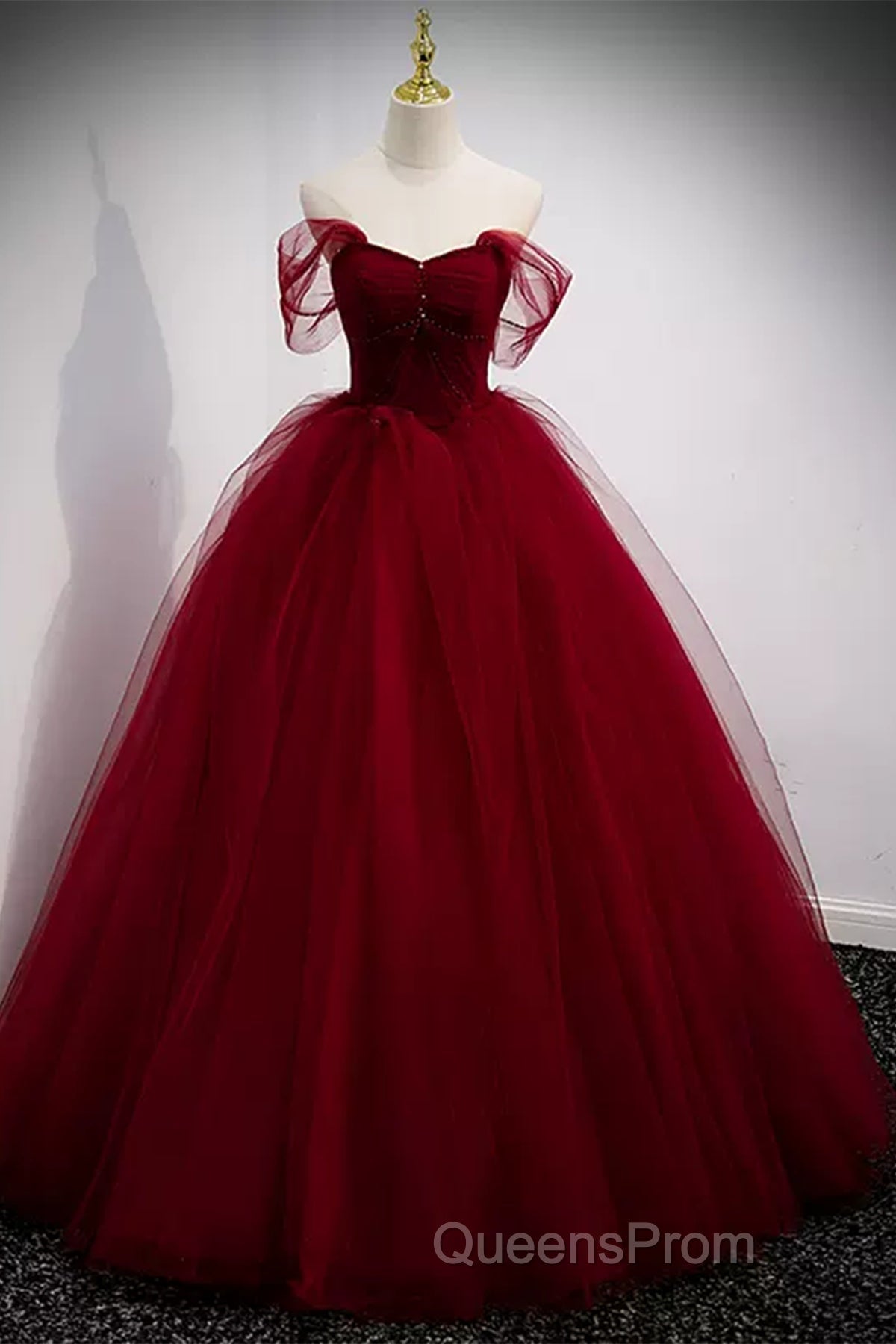 A Line Spaghetti Straps Beaded Burgundy Tulle Long Evening Prom Dress, Long Burgundy Formal Evening Dress