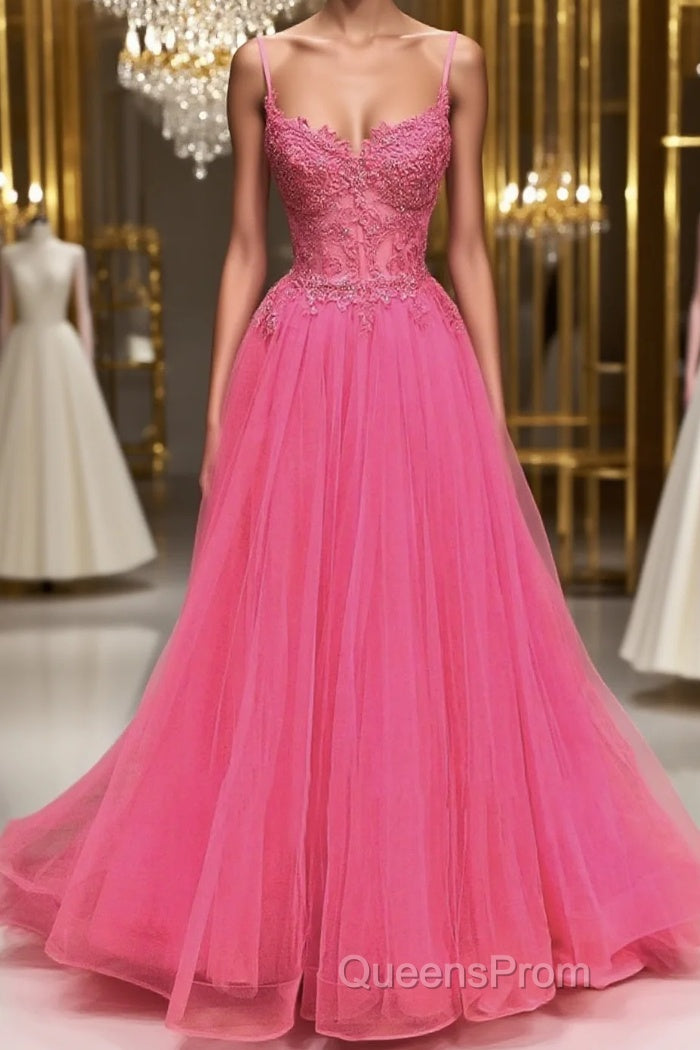 A Line Spaghetti Straps Beaded Pink Lace Long Evening Prom Dress, Pink Lace Formal Dress, Pink Tulle Evening Dress Main image