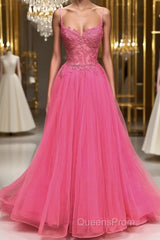 A Line Spaghetti Straps Beaded Pink Lace Long Evening Prom Dress, Pink Lace Formal Dress, Pink Tulle Evening Dress