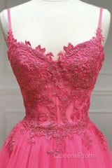 A Line Spaghetti Straps Beaded Pink Lace Long Evening Prom Dress, Pink Lace Formal Dress, Pink Tulle Evening Dress