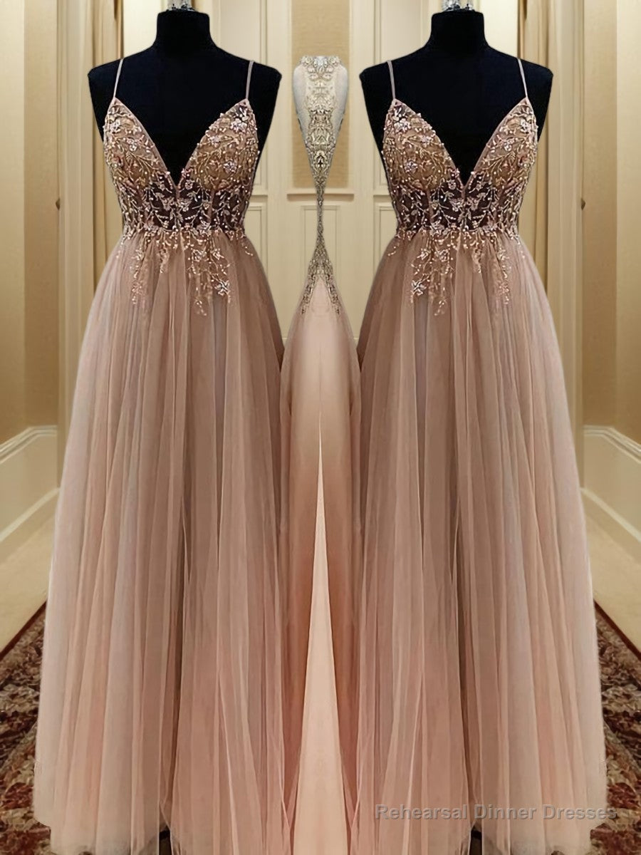 A-line Spaghetti Straps Beading Floor-Length Tulle Dress