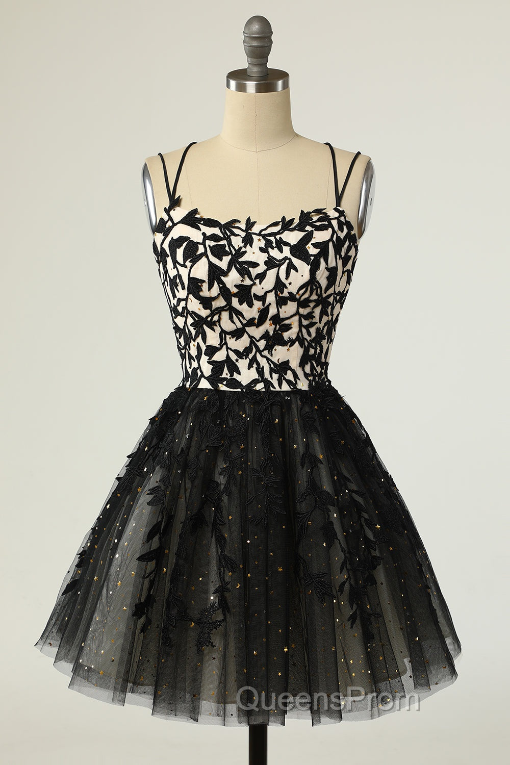 A Line Spaghetti Straps Black Homecoming Dress Short Evening Prom Dress with Appliques Secondary image