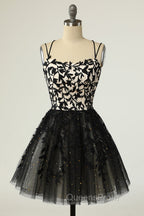 A Line Spaghetti Straps Black Homecoming Dress Short Evening Prom Dress with Appliques