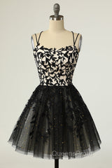 A Line Spaghetti Straps Black Homecoming Dress Short Evening Prom Dress with Appliques