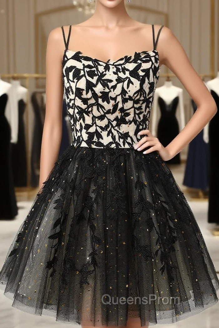 A Line Spaghetti Straps Black Homecoming Dress Short Evening Prom Dress with Appliques Main image