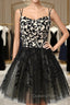 A Line Spaghetti Straps Black Homecoming Dress Short Evening Prom Dress with Appliques