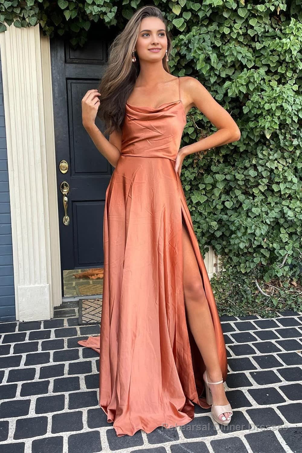 A Line Spaghetti Straps Blush Long Prom Dress with Split Front Main image
