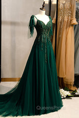 A-Line Spaghetti Straps Dark Green Evening Prom Dress with Beading