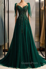 A-Line Spaghetti Straps Dark Green Evening Prom Dress with Beading