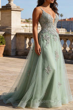 A Line Spaghetti Straps Green Long Prom Dress with Criss Cross Back