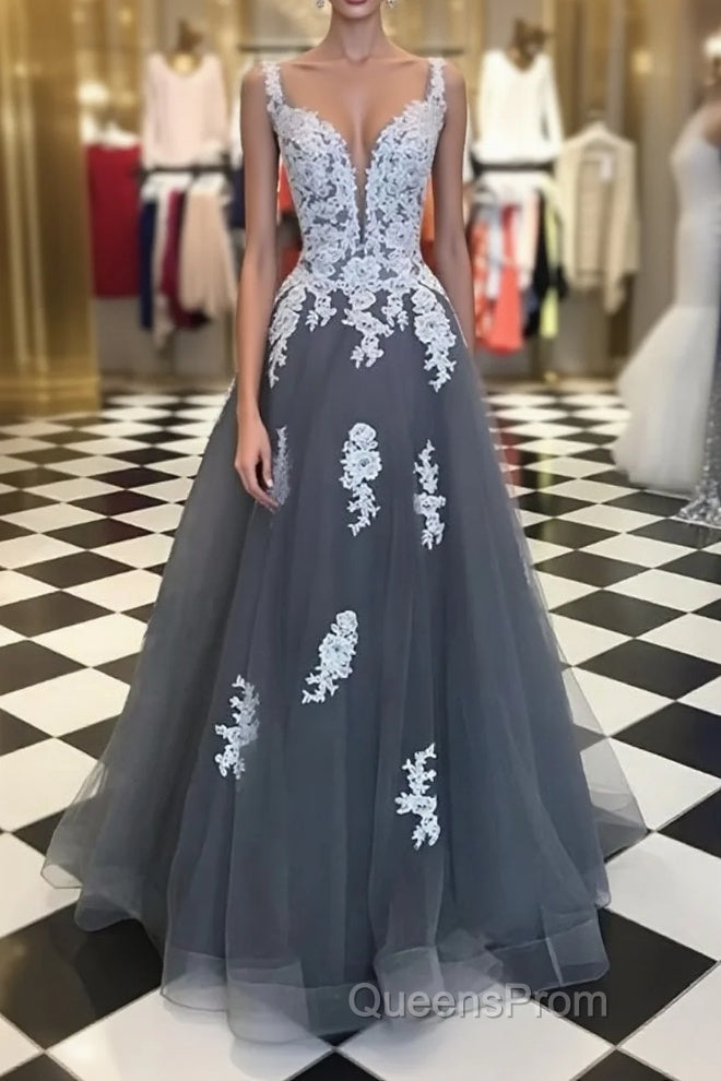 A Line Spaghetti Straps Lace Grey Tulle Long Evening Prom Dress, Grey Formal Bridesmaid Dress, Evening Dress Main image