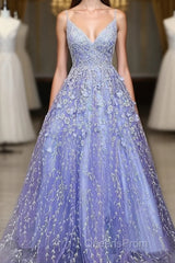 Lavender Spaghetti Straps Lace Floral A-line Formal Gowns Long Evening Prom Dress