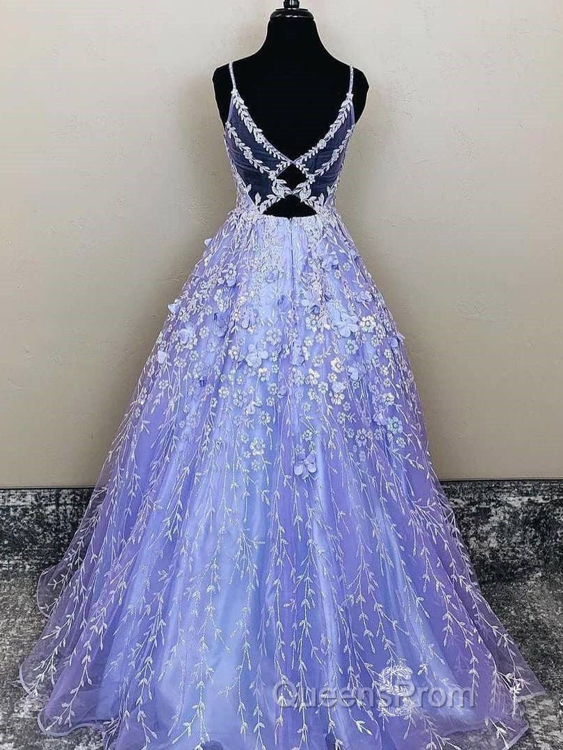 Lavender Spaghetti Straps Lace Floral A-line Formal Gowns Long Evening Prom Dress Secondary image