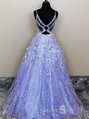 Lavender Spaghetti Straps Lace Floral A-line Formal Gowns Long Evening Prom Dress