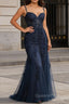 A Line Spaghetti Straps Navy Blue Prom Dress with Appliques