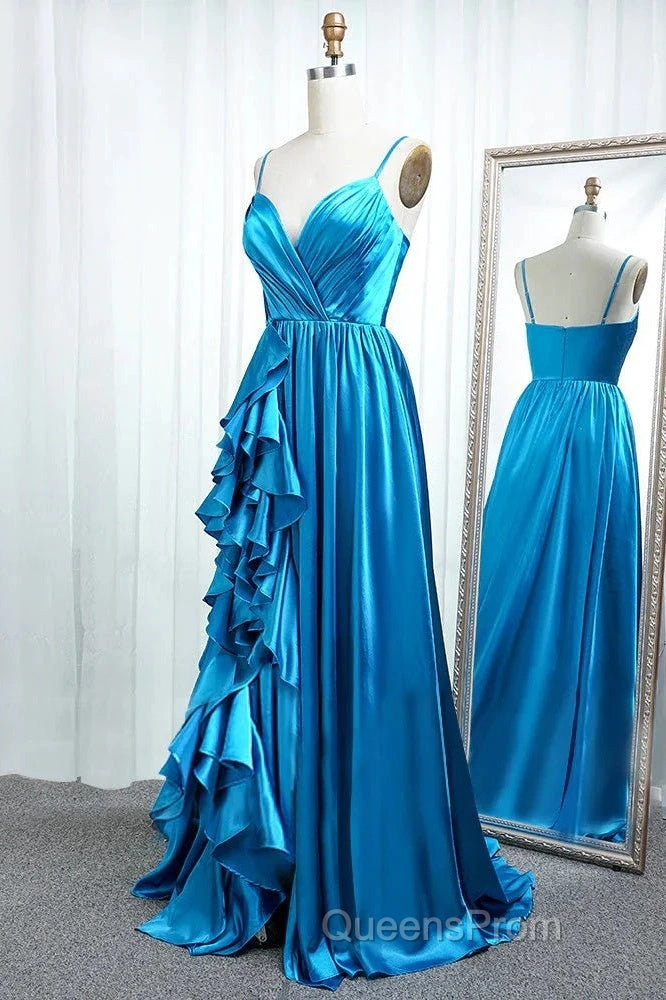 A Line Spaghetti Straps Satin Evening Prom Dress With Slit And Flounced Secondary image