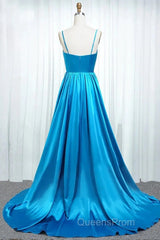 A Line Spaghetti Straps Satin Evening Prom Dress With Slit And Flounced