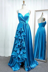 A Line Spaghetti Straps Satin Evening Prom Dress With Slit And Flounced
