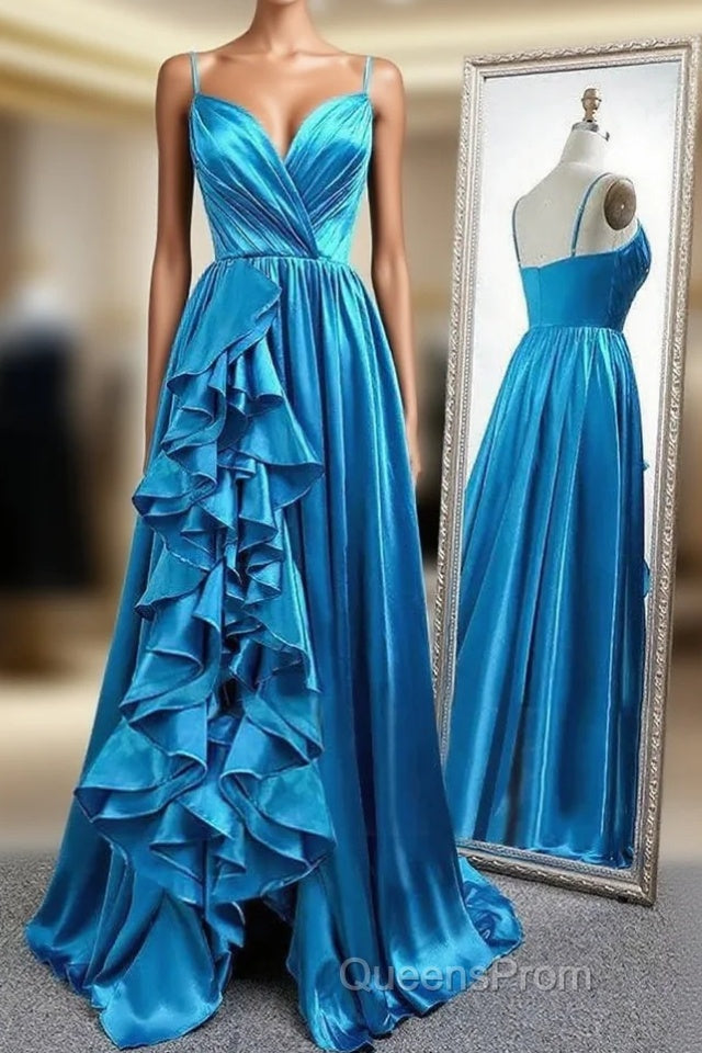 A Line Spaghetti Straps Satin Evening Prom Dress With Slit And Flounced Main image