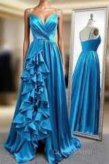 A Line Spaghetti Straps Satin Evening Prom Dress With Slit And Flounced