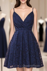 A-Line Spaghetti Straps Short Lace Homecoming Dress