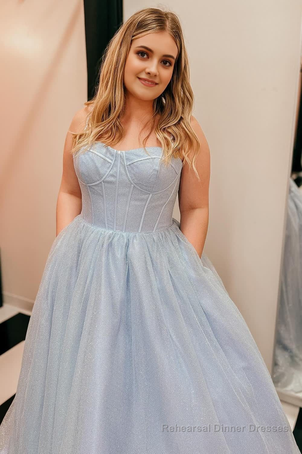 A Line Spaghetti Straps Sky Blue Long Prom Dress Main image