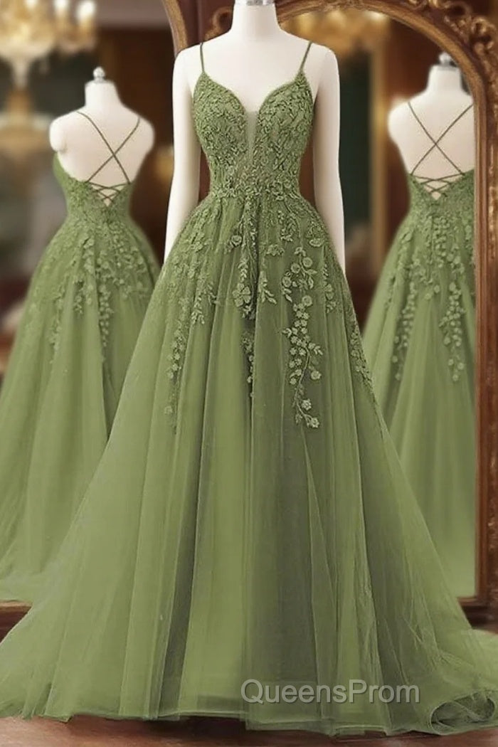 A-Line Spaghetti Straps Sweep Train Evening Prom Dress, Sage Green Tulle Formal Dress Main image
