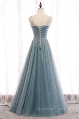 A-Line Spaghetti Straps Tulle Beaded Long Evening Prom Dress, Cute Evening Party Dress