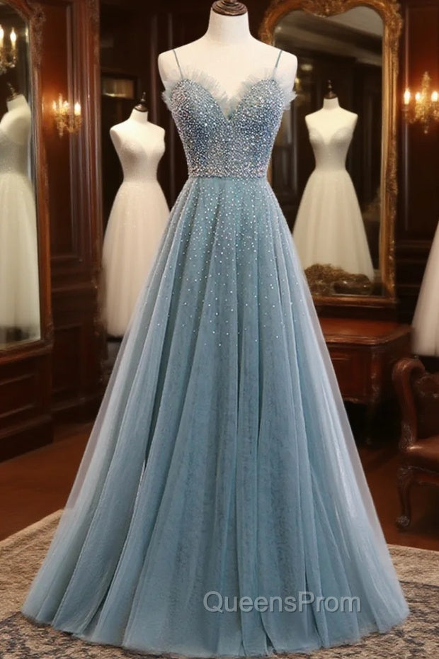 A-Line Spaghetti Straps Tulle Beaded Long Evening Prom Dress, Cute Evening Party Dress Main image