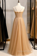 A-Line Spaghetti Straps Tulle Beaded Long Evening Prom Dress, Evening Party Dress