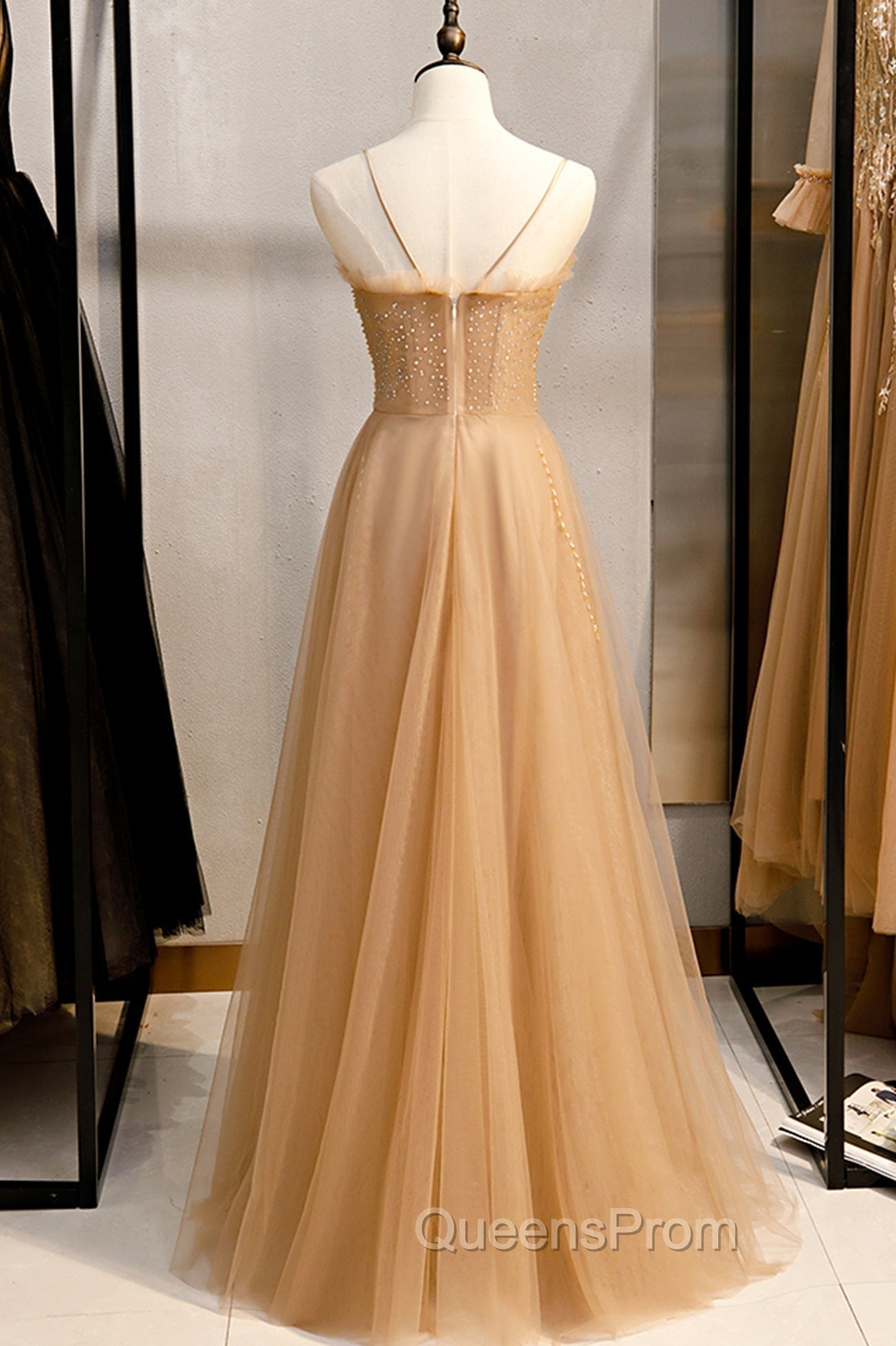 A-Line Spaghetti Straps Tulle Beaded Long Evening Prom Dress, Evening Party Dress