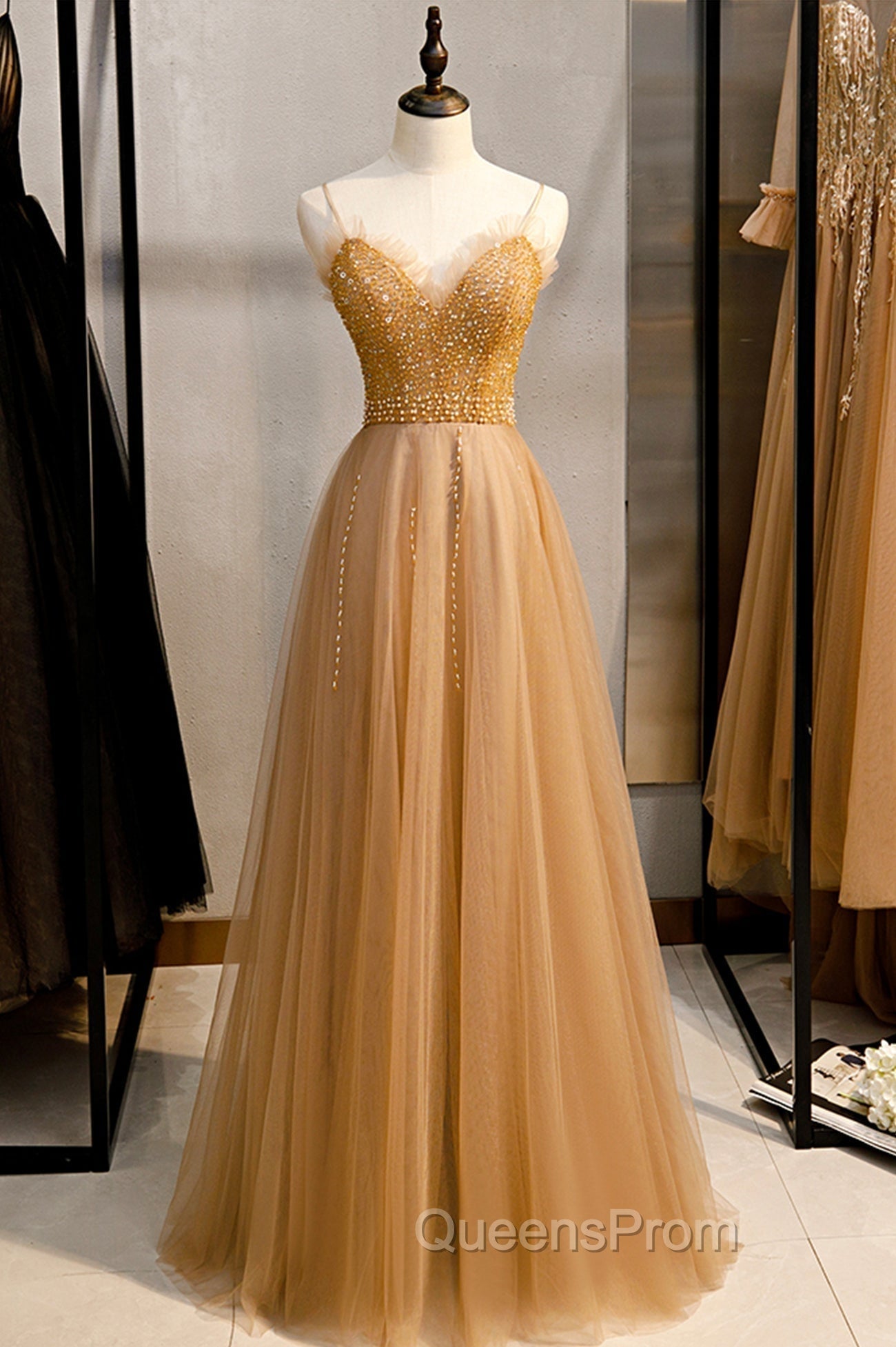 A-Line Spaghetti Straps Tulle Beaded Long Evening Prom Dress, Evening Party Dress