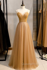 A-Line Spaghetti Straps Tulle Beaded Long Evening Prom Dress, Evening Party Dress