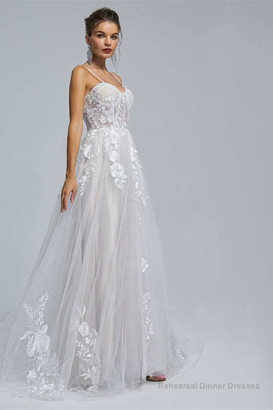 A-Line Spaghetti Straps Tulle Decal Long Wedding Dresses