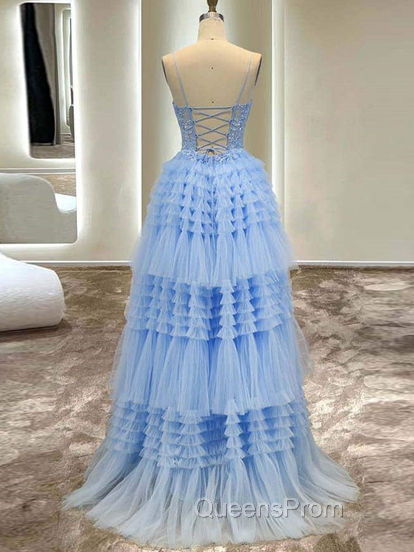 A-Line Spaghetti Straps Tulle Long Evening Prom Dress