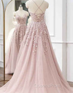 A-line Spaghetti Straps Tulle Evening Prom Dress with Appliques