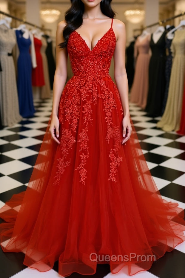 A Line Spaghetti Straps V Neck Red Lace Long Evening Prom Dress, Red Lace Formal Dress, Red Evening Dress Main image