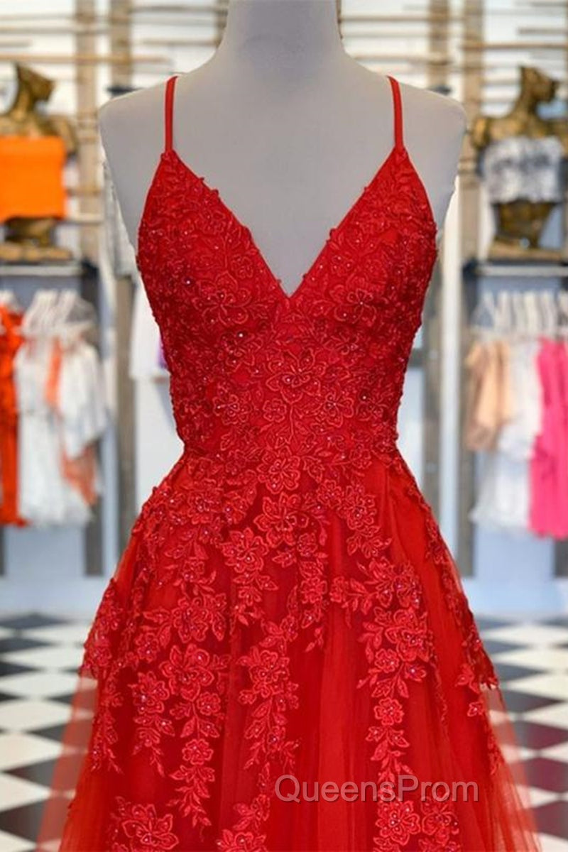 A Line Spaghetti Straps V Neck Red Lace Long Evening Prom Dress, Red Lace Formal Dress, Red Evening Dress Secondary image