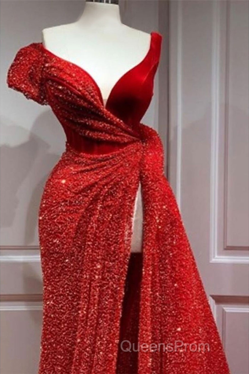 A-Line Sparkle & Shine High Split Evening Prom Formal Evening Dress V Neck Short Sleeve Court Train Satin With Sequin Slit Secondary image
