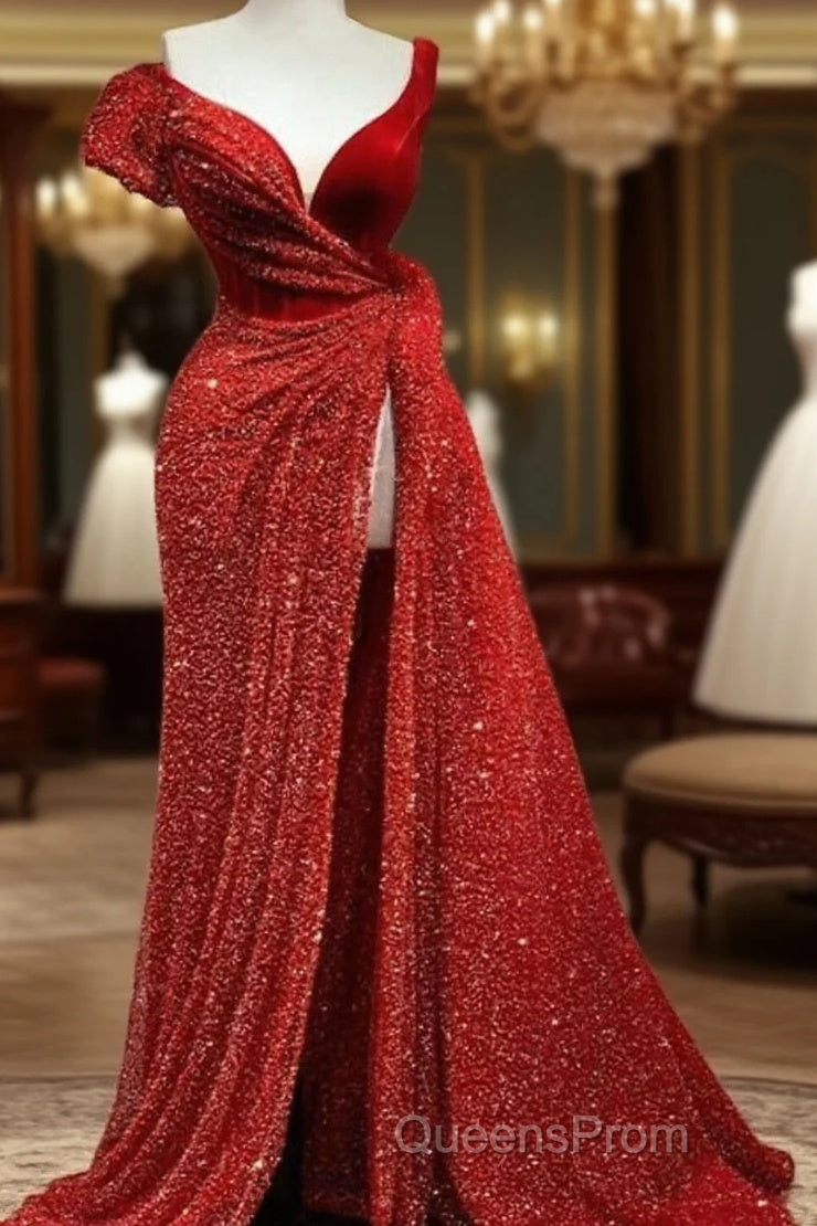 A-Line Sparkle & Shine High Split Evening Prom Formal Evening Dress V Neck Short Sleeve Court Train Satin With Sequin Slit