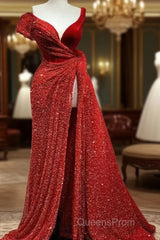 A-Line Sparkle & Shine High Split Evening Prom Formal Evening Dress V Neck Short Sleeve Court Train Satin With Sequin Slit