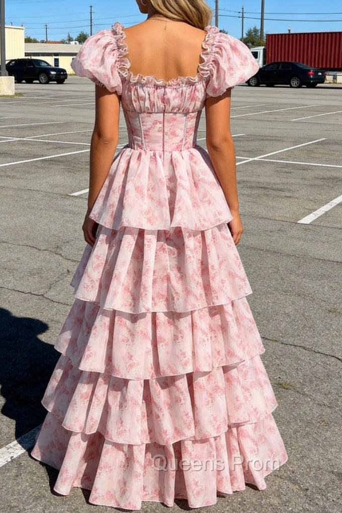 A Line Square Neck Blush Pink Tiered Prom Dress with Ruffles