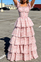 A Line Square Neck Blush Pink Tiered Prom Dress with Ruffles