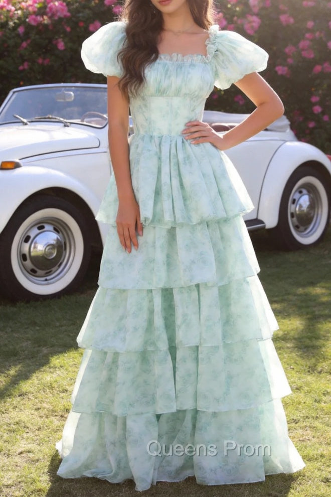 A Line Square Neck Green Tiered Prom Dress with Ruffles